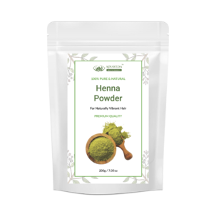 AJNAVEDA Henna Powder in eco-friendly packaging, showcasing its rich, fine powder. This 100% pure, natural powder provides vibrant color while nourishing and strengthening the hair