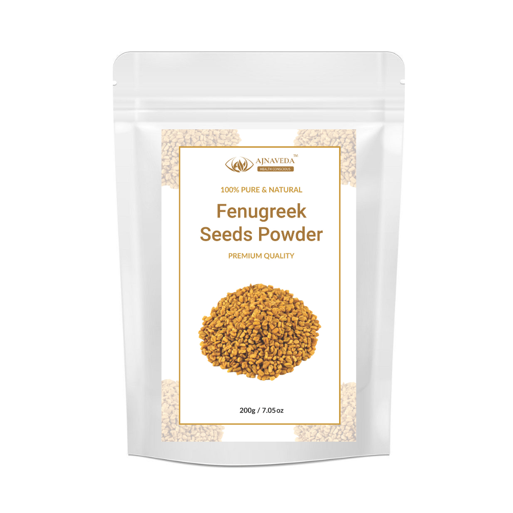 AJNAVEDA Fenugreek Seeds Powder in eco-friendly packaging, highlighting its rich, golden-brown hue. Known for promoting healthy hair growth and improving scalp health, this powder is a natural solution for hair care and overall wellness.