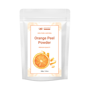 AJNAVEDA Orange Peel Powder in eco-friendly packaging, showcasing its finely ground, bright orange powder. Rich in Vitamin C and antioxidants, it enhances skin brightness and promotes healthy hair growth