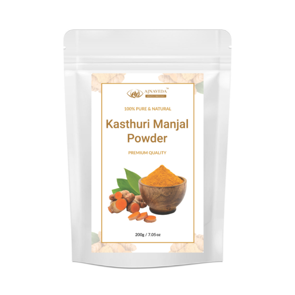 AJNAVEDA Kasthuri Manjal Powder (Wild Turmeric) in eco-friendly packaging, showcasing its fine yellow powder. Known for its skin-purifying and brightening properties, it helps reduce blemishes and promotes an even skin tone