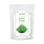 AJNAVEDA Bhrami Powder in eco-friendly packaging, showcasing its fine green powder. Known for its cognitive benefits, it improves mental clarity, reduces stress, and strengthens hair roots