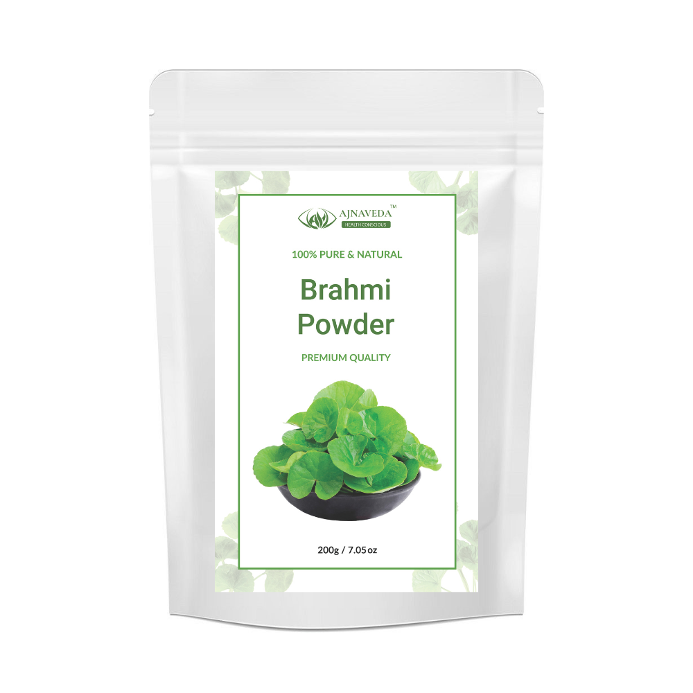 AJNAVEDA Bhrami Powder in eco-friendly packaging, showcasing its fine green powder. Known for its cognitive benefits, it improves mental clarity, reduces stress, and strengthens hair roots