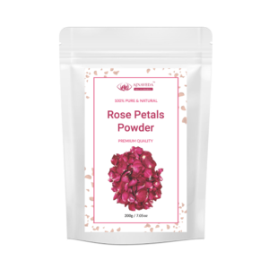 AJNAVEDA Rose Petals Powder in eco-friendly packaging, showcasing its fine, pinkish powder. Known for its soothing and rejuvenating properties, it brightens skin and nourishes hair