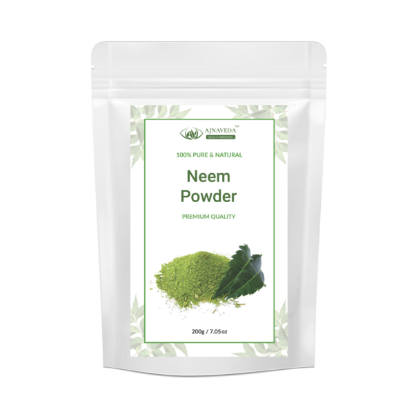 AJNAVEDA Neem Powder in eco-friendly packaging, showcasing its fine green powder. Known for its antibacterial and antifungal properties, it promotes clear skin and a healthy scalp