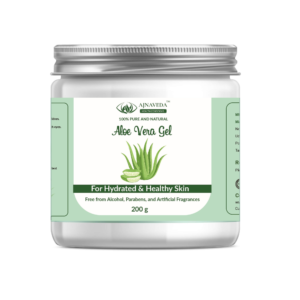 AJNAVEDA Aloe Vera Gel in sleek, eco-friendly packaging with a natural green accent. The image emphasizes the gel's purity and multipurpose benefits, symbolizing hydration, soothing, and nourishment for healthy skin and hair