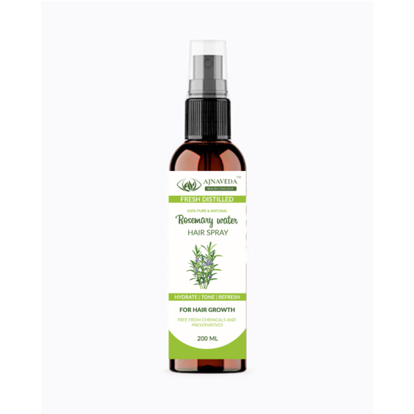 AJNAVEDA Rosemary Water Hydrosol in a sleek, eco-friendly spray bottle. The image highlights the refreshing and natural essence of rosemary, emphasizing its purity and benefits for hair and skin care. Displayed with a clean, elegant aesthetic