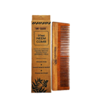 AJNAVEDA Dual Tooth Neem Comb crafted from 100% natural neem wood. The comb features a dual-tooth design, ideal for detangling and styling, while promoting scalp health. Showcased on a minimalistic backdrop highlighting its eco-friendly and durable craftsmanship