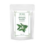 AJNAVEDA Bhringaraj Powder in eco-friendly packaging, displayed against a clean, natural backdrop. The powder is shown as a fine, greenish-brown powder, highlighting its pure, herbal composition. Perfect for promoting hair health and growth.