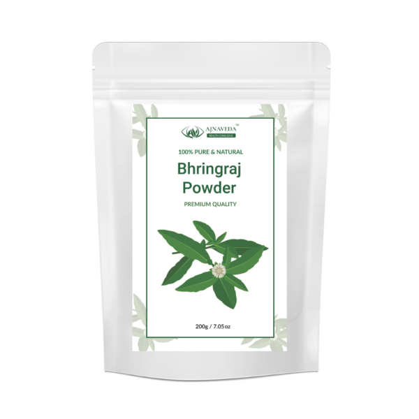 AJNAVEDA Bhringaraj Powder in eco-friendly packaging, displayed against a clean, natural backdrop. The powder is shown as a fine, greenish-brown powder, highlighting its pure, herbal composition. Perfect for promoting hair health and growth.