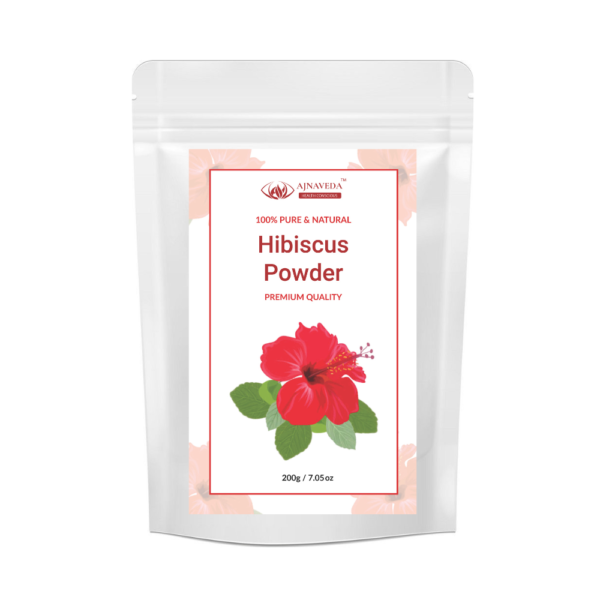 AJNAVEDA Hibiscus Powder displayed in eco-friendly packaging, with a vibrant, reddish hue that showcases its purity. The powder is rich in antioxidants and vitamins, ideal for enhancing hair growth and skin radiance.